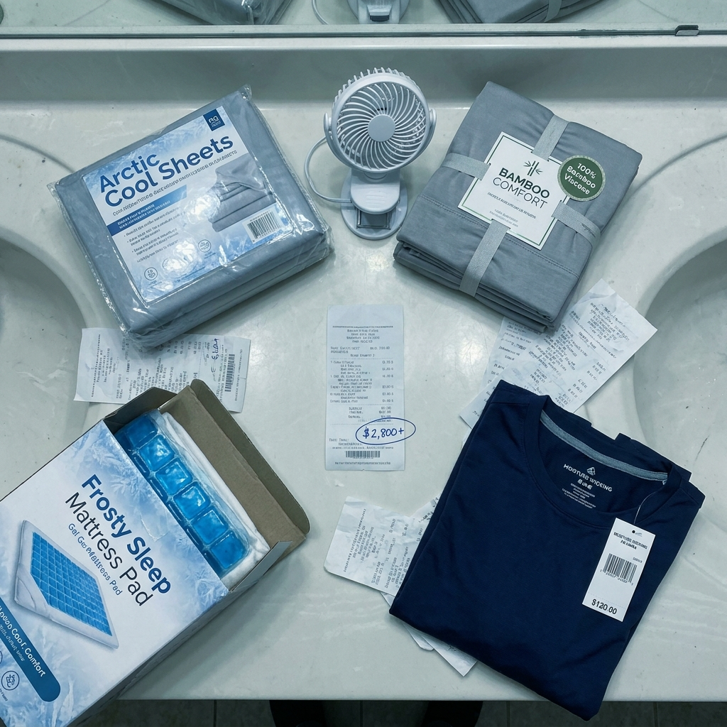 IMAGE: Failed cooling products - sheets, mattress pad box, fan, pajamas stacked together