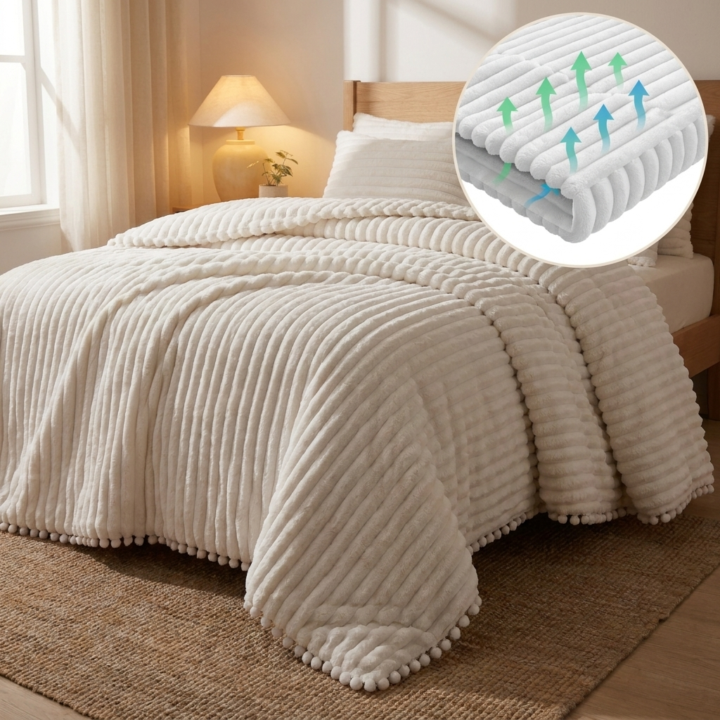 VIDEO / IMAGE: Cozyie comforter on a beautiful bed, ribbed channels visible, oversized drape