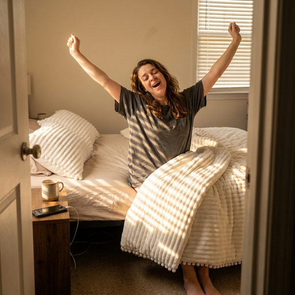 AFTER: Sarah smiling, dry shirt, morning light