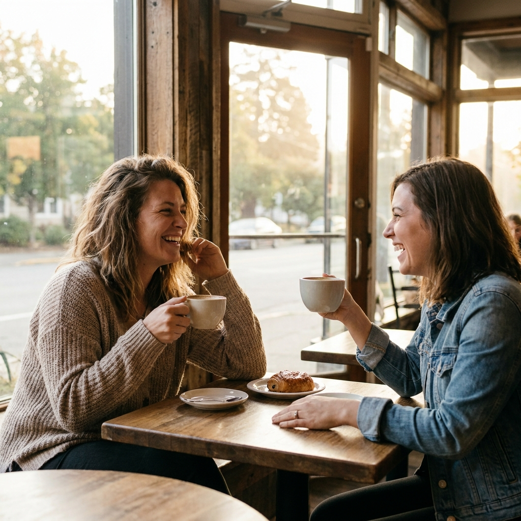 Woman laughing with friend over coffee