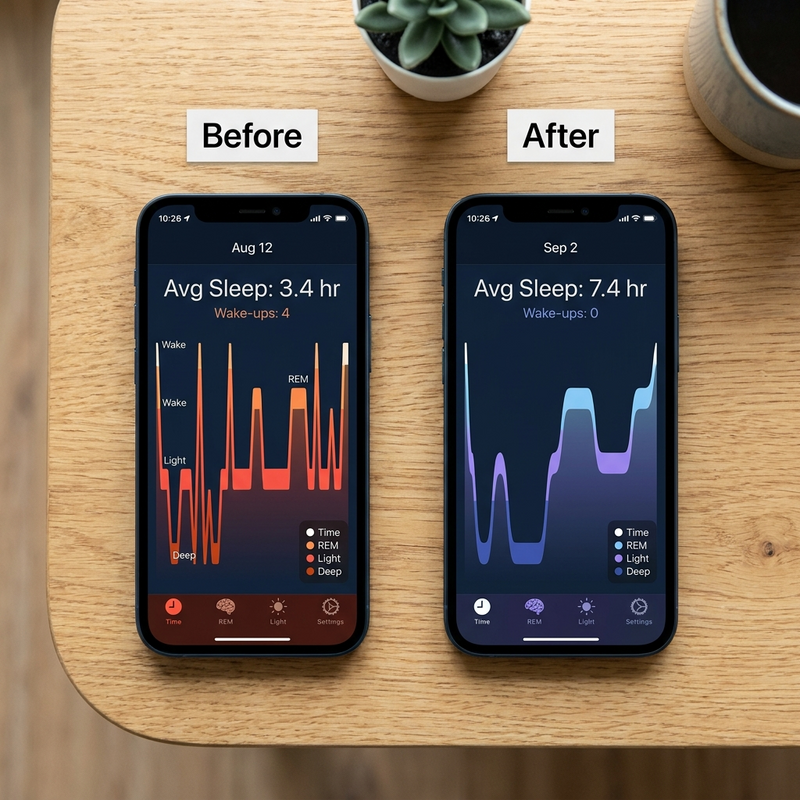 Reviewer-submitted sleep data. Left: before Cozyie. Right: after 3 weeks.