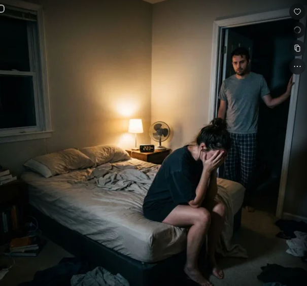 IMAGE: Dark bedroom, unmade bed, soaked sheets, 2 AM atmosphere